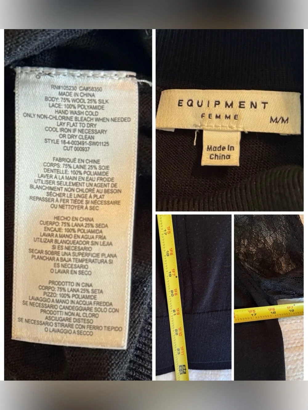 EQUIPMENT Femme Black Wool Silk Turtleneck Sweater Sheer Lace Sleeves Long Cuffs